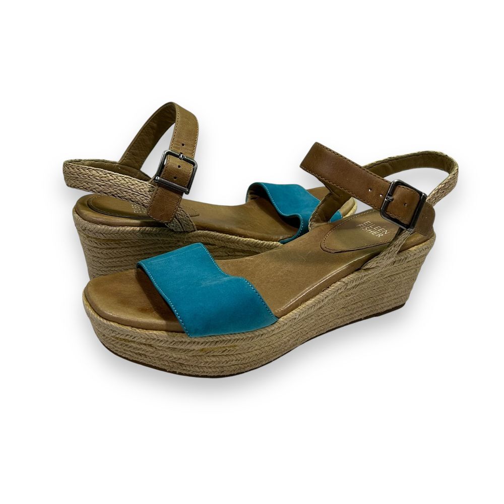 Eileen Fisher‎ Blue & Tan Espadrille Platform Wedge Sandals Shoes Womens 8